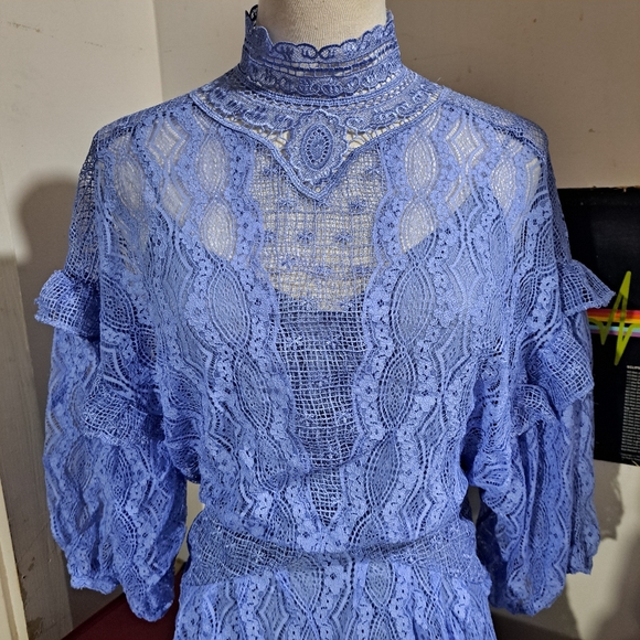 🌈FREE PEOPLE LACE PUFF SLEEVE BOHO MINI TUNIC DRESS-XS - Picture 2 of 10